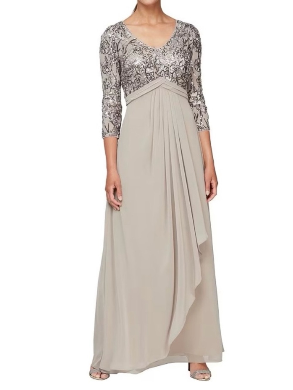 Alex Evenings Dress Stretch Floral Sequin Mesh Empire Waist A-Line Gown Mink 6